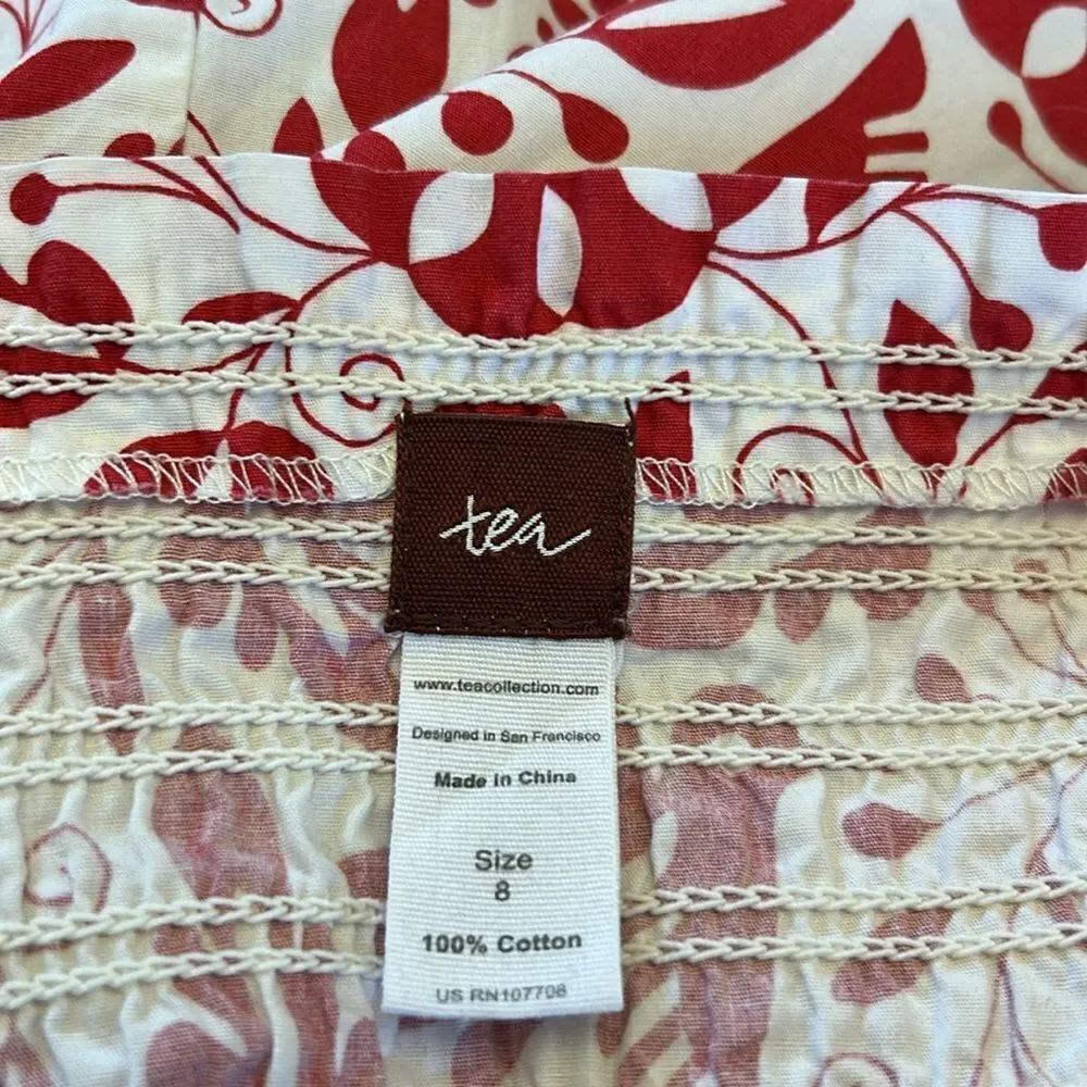 Tea Collection red white bird floral cap sleeve cotton dress Size 8 EUC